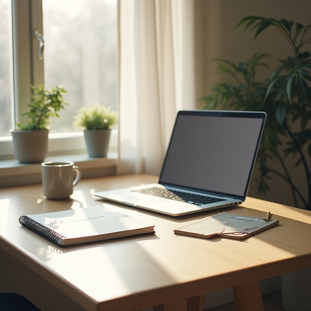 Calm, organized office desk with a laptop, notebook, and a cup of coffee near a window with soft daylight