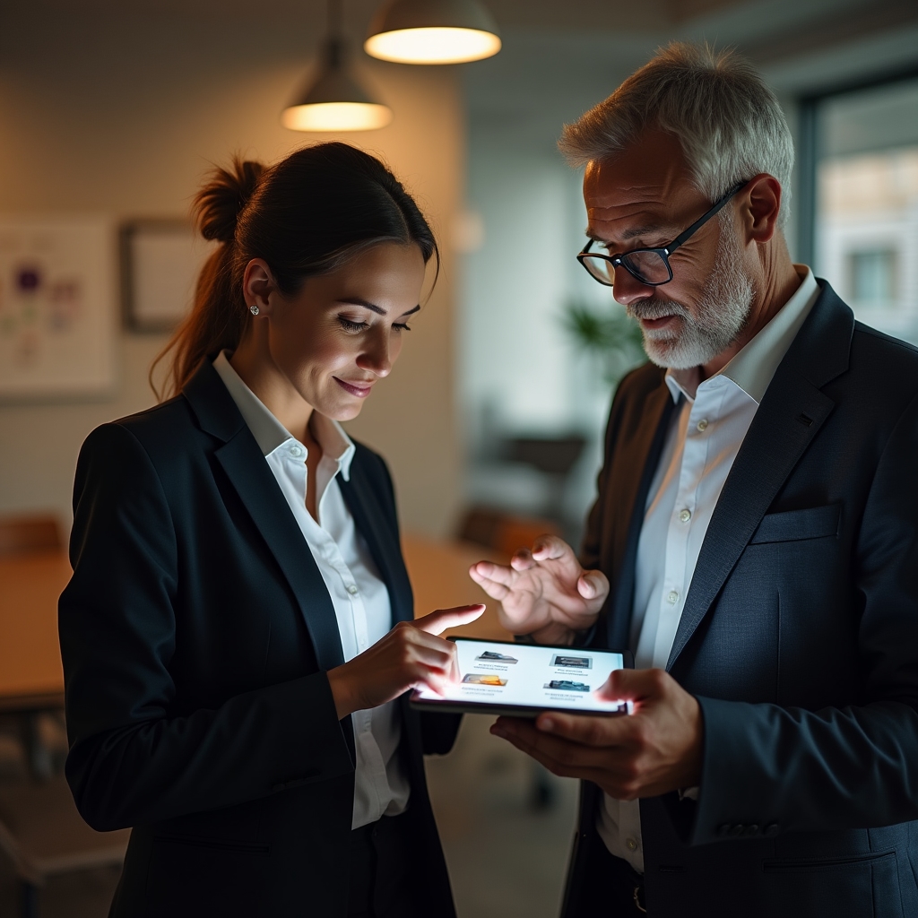 Two colleagues reviewing a shared document together on a tablet, pointing at a folder structure on screen