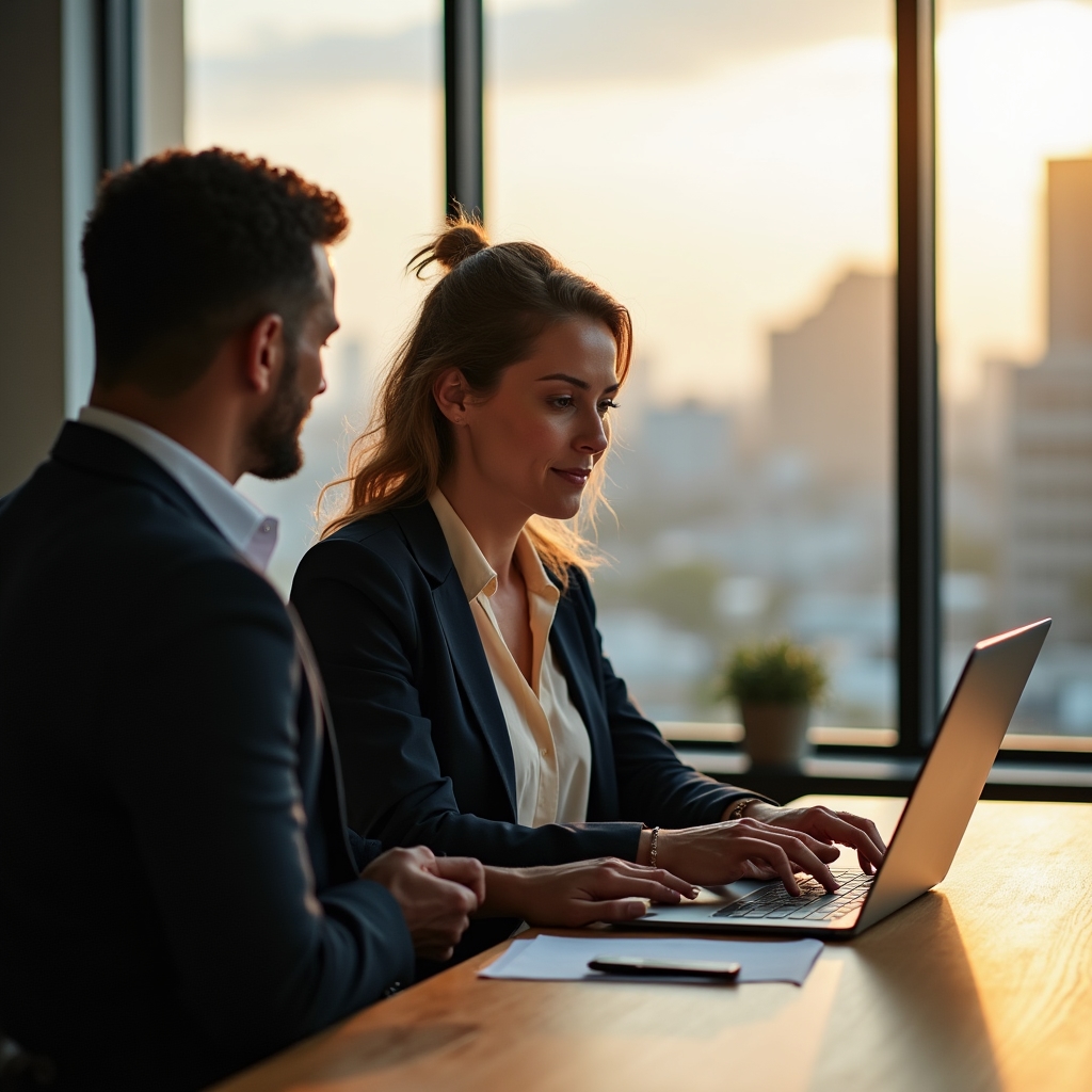 Office worker calmly learning a new digital tool on a laptop with a trainer beside her