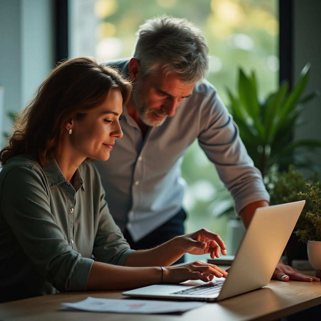 Trainer guiding an office employee through a step on a laptop screen during a one to one session