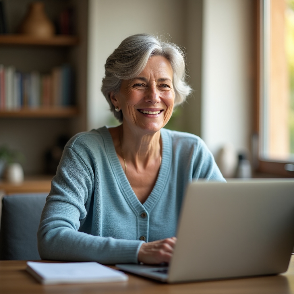 Experienced office worker smiling during a video call, laptop open on a wooden desk near a window